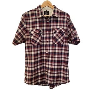 Vans Men's Short Sleeve Button Down Shirt Plaid Red Navy White Lightweight Large